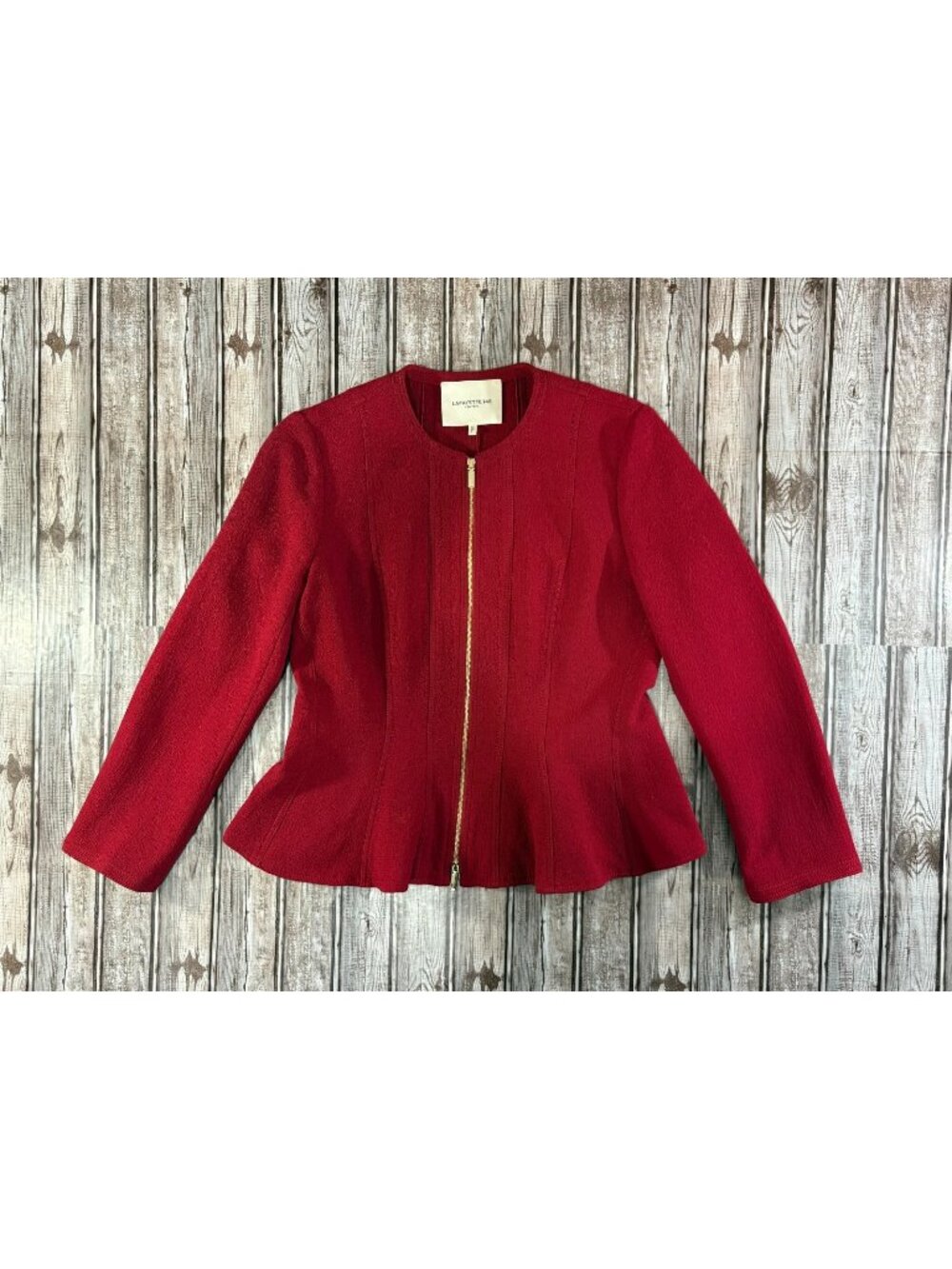 Lafayette 148 NYC 100% wool collarless zip croped peplum Jacket sz 8 color Red